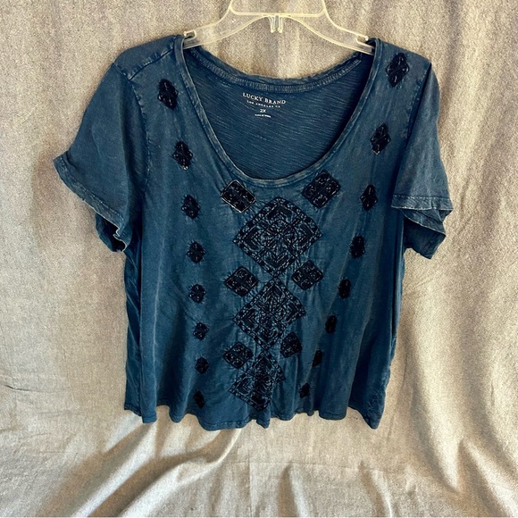 Lucky Brand Women's Dark Blue Embroidered Tee - Picture 1 of 6